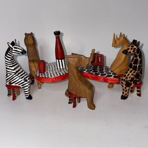 Handcarved Wood African Safari Animals in Chairs with Table and glasses set